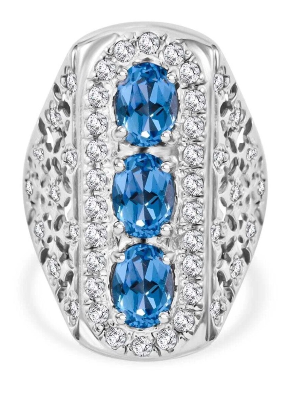 Premium Swiss Blue Topaz White Zircon 3.90CTW Ring Platinum / Sterling Silver 7
